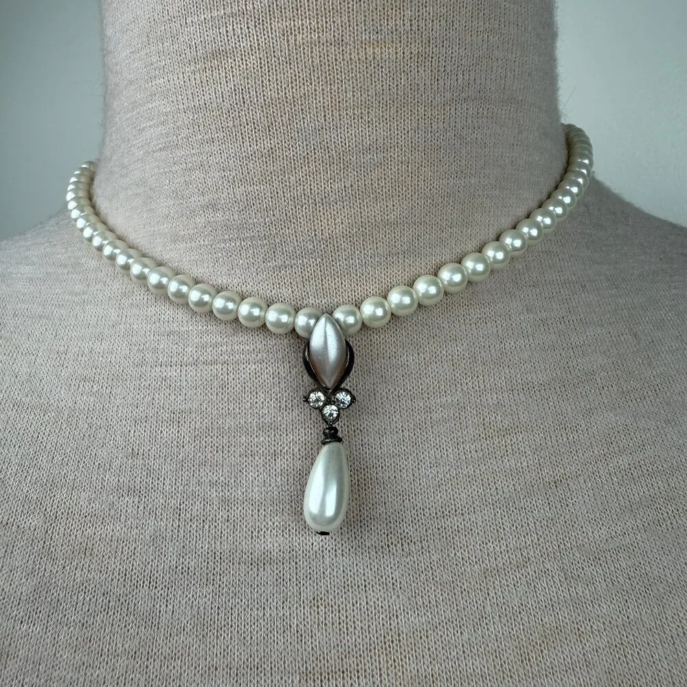 White Faux Pearl w/ Drop & Rhinestones Necklace 17